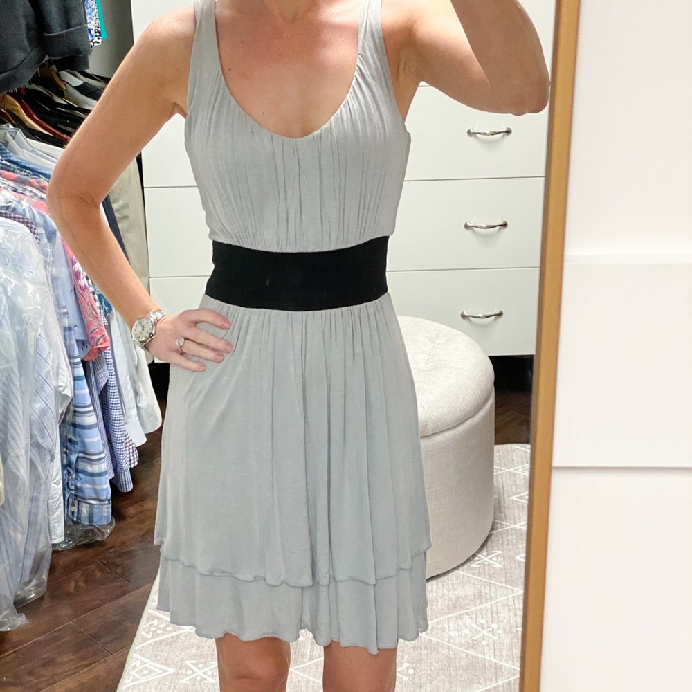 Aqua Gray Tiered Ruched Dress with Black Waist XS